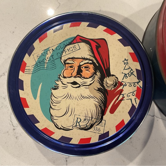 Vintage Christmas Carolers Tin 10” Round  & Santa Face Tin 7-1/2” Both Empty - Picture 3 of 10